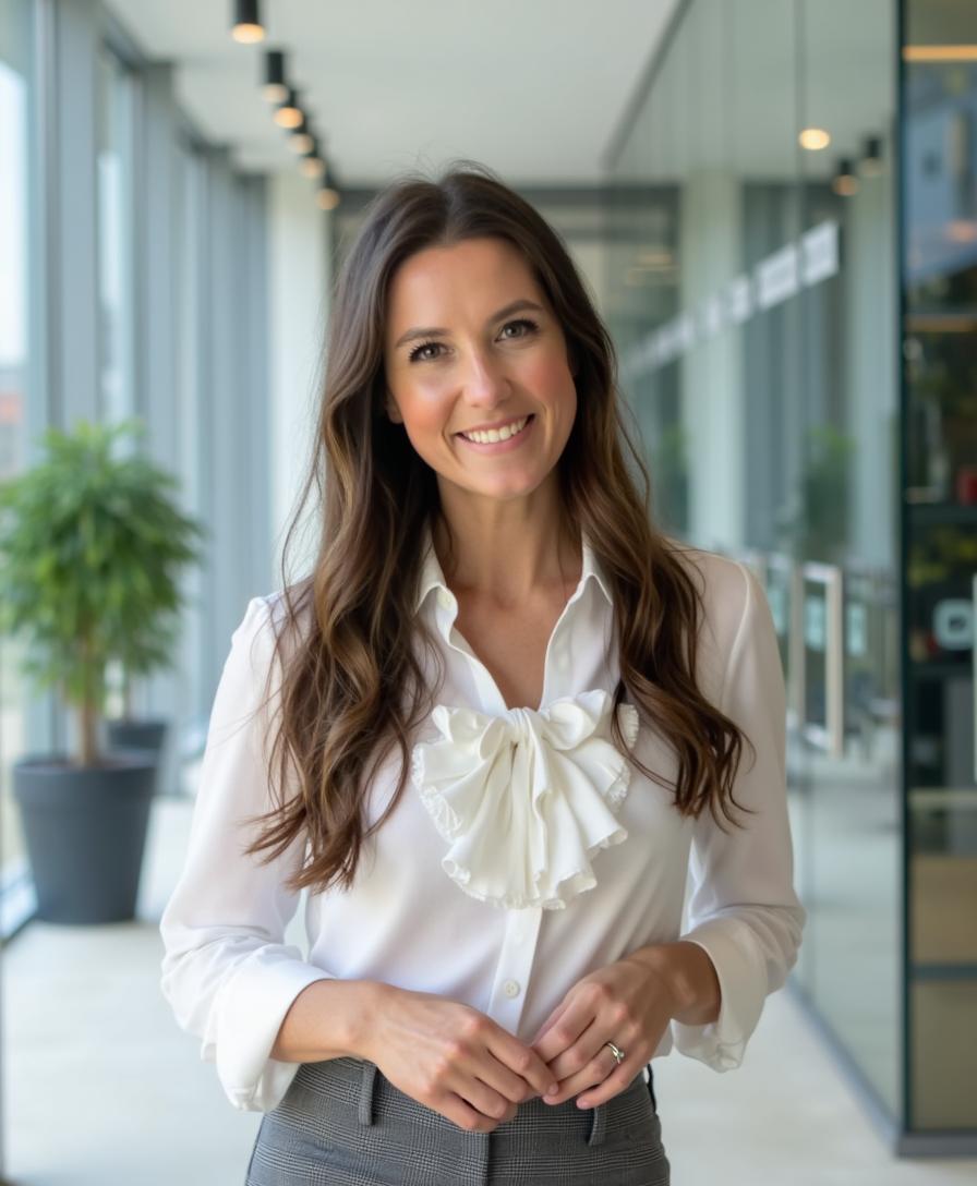 A smiling person with curly hair sits at a desk, looking at a laptop against a dark background.