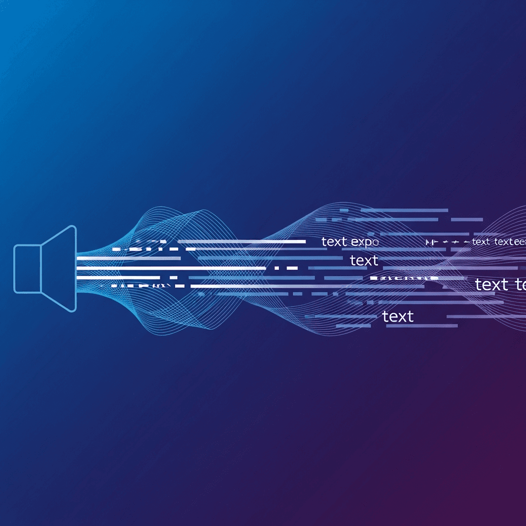 A modern, minimalist illustration showing speed and performance concept for voice dictation technology. Visual metaphor of rapid speech-to-text conversion with flowing sound waves transforming into text streams. Clean, professional design with blue and purple gradient colors. Abstract representation of low latency and fast processing, with dynamic motion lines suggesting instant response time. No text, words, or letters in the image.