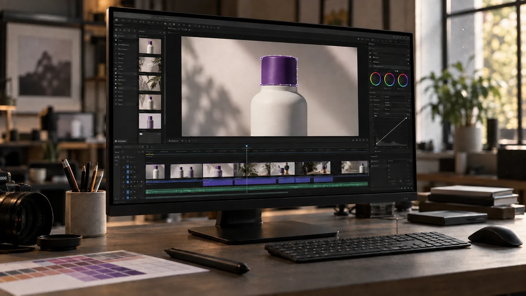 A video editing monitor shows a precise mask around the purple cap of a white product bottle.