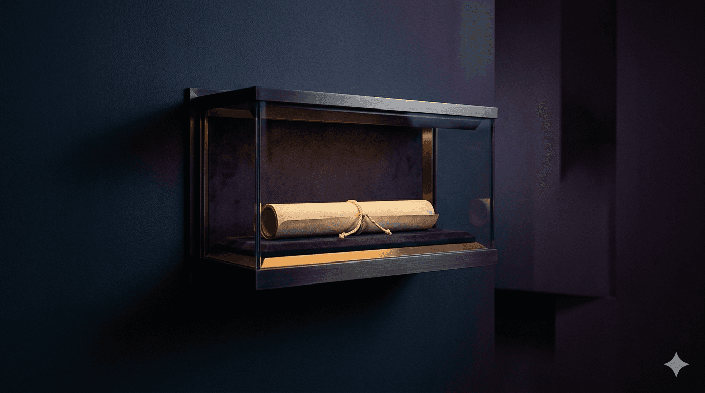 A sealed glass case containing a rolled document, lit from within — a visual metaphor for film budget contingency as an emergency reserve.