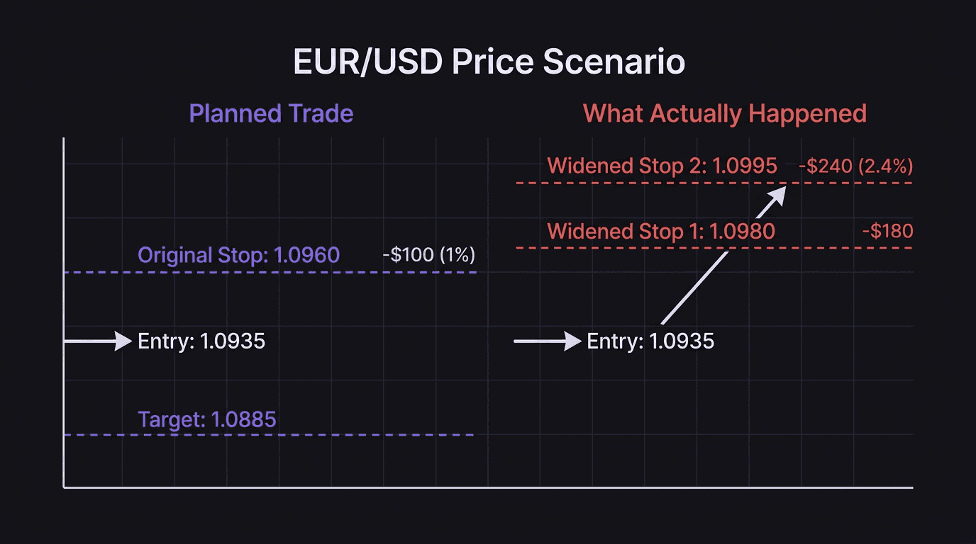 Diagram showing EUR/USD trade with original stop vs widened stop outcomes