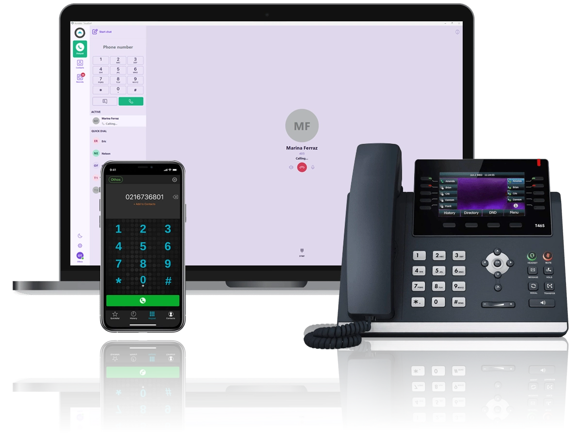 Laptop, smartphone, and desk phone illustrating seamless communication on Othos Telecom’s unified business VoIP platform.