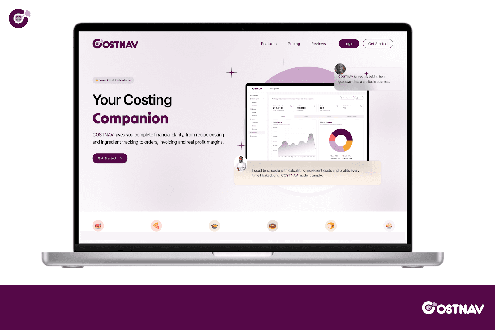 Laptop displaying COSTNAV website with text "Your Costing Companion." Includes charts and user testimonials, highlighting financial clarity in muted purple tones.