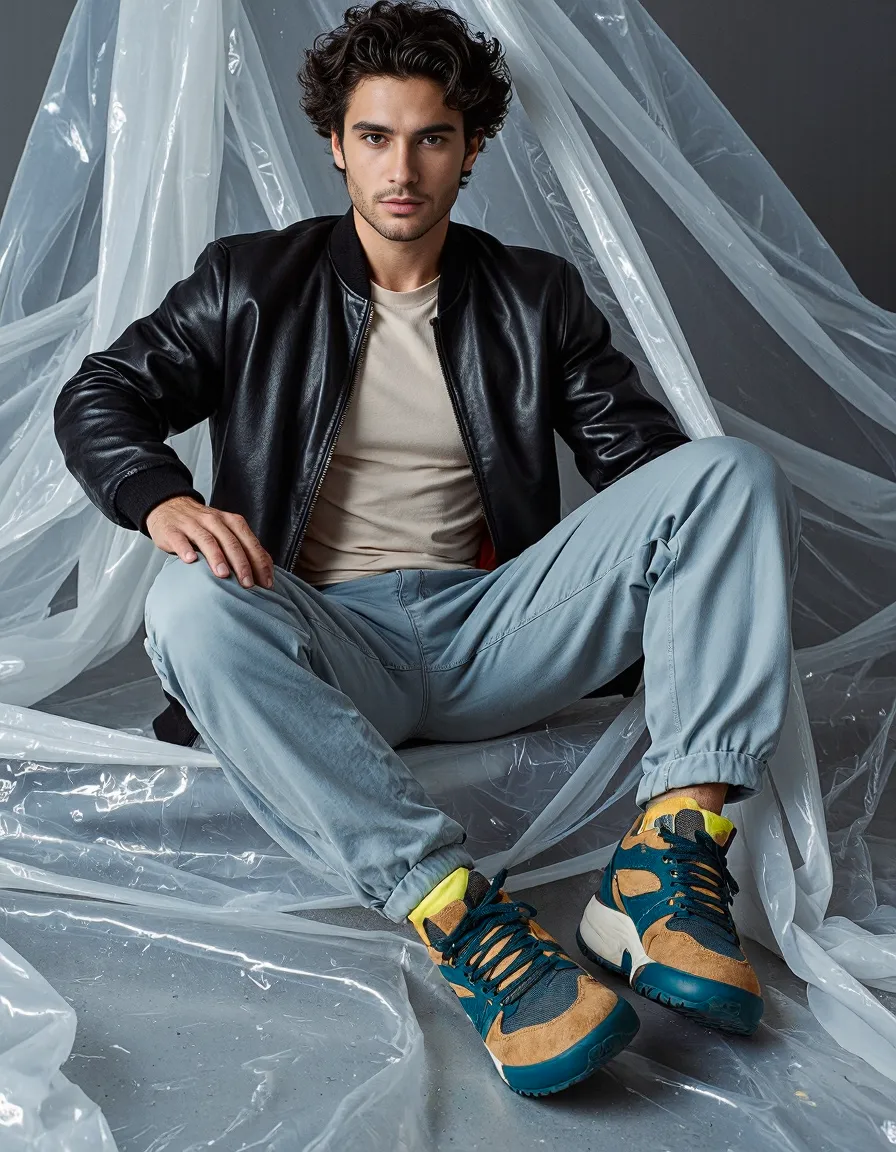 Fashion editorial featuring black leather jacket, beige top, light blue pants and colorful sneakers posed against transparent backdrop
