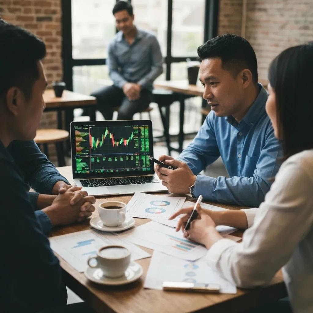 Investors discussing pre-IPO, IPO, and public stocks in a cozy coffee shop setting with a laptop and financial documents
