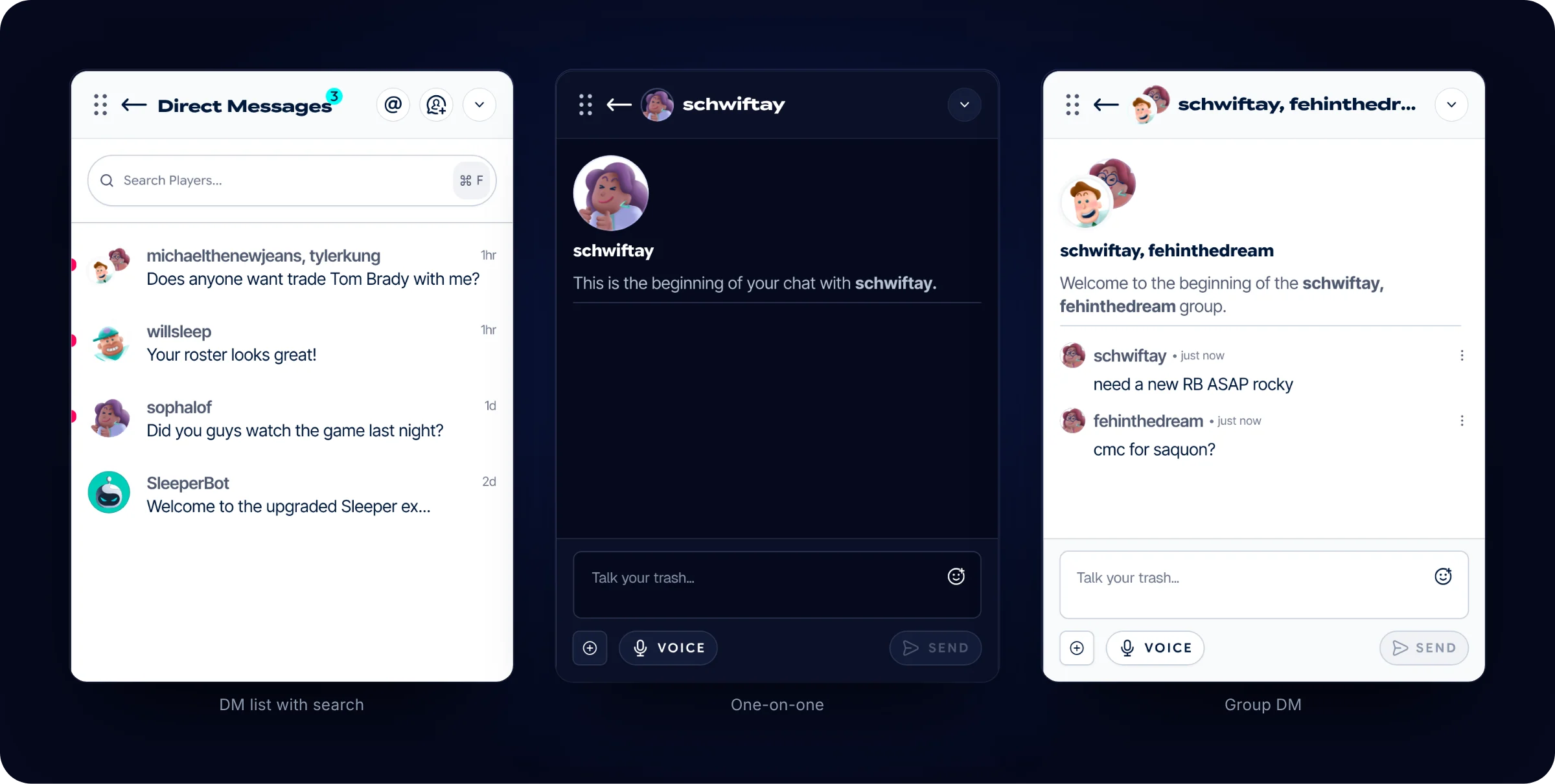 The DM list with search in light, a one-on-one conversation in dark and a group DM in light