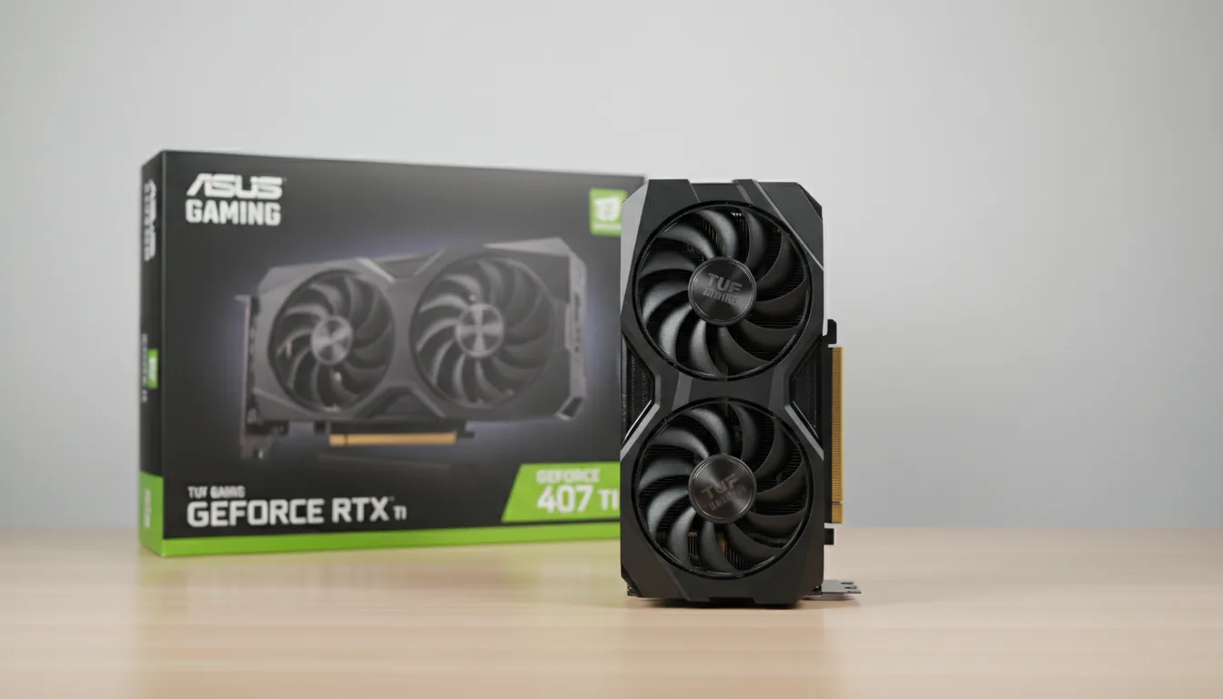 DSLR product photography of an ASUS TUF Gaming GeForce RTX 4070 Ti GPU standing vertically on a light wood desk. The matte black, triple-fan graphics card is in sharp focus. Behind it, its original black and vibrant green retail packaging is visible. The scene is lit with clean, soft studio lighting against a plain off-white wall, creating a professional hardware showcase.