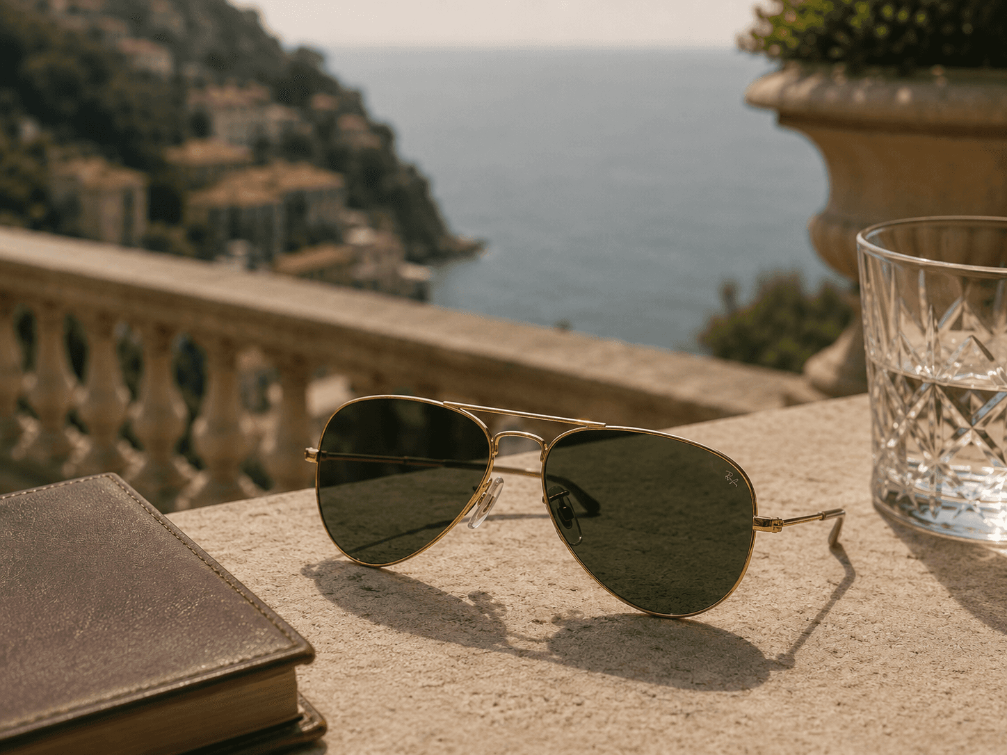 Close-up of classic gold-framed aviator sunglasses with dark green lenses resting on a balcony stone railing alongside a leather-bound journal and a crystal glass, with a scenic, blurred background of a coastal Mediterranean village and blue sea.