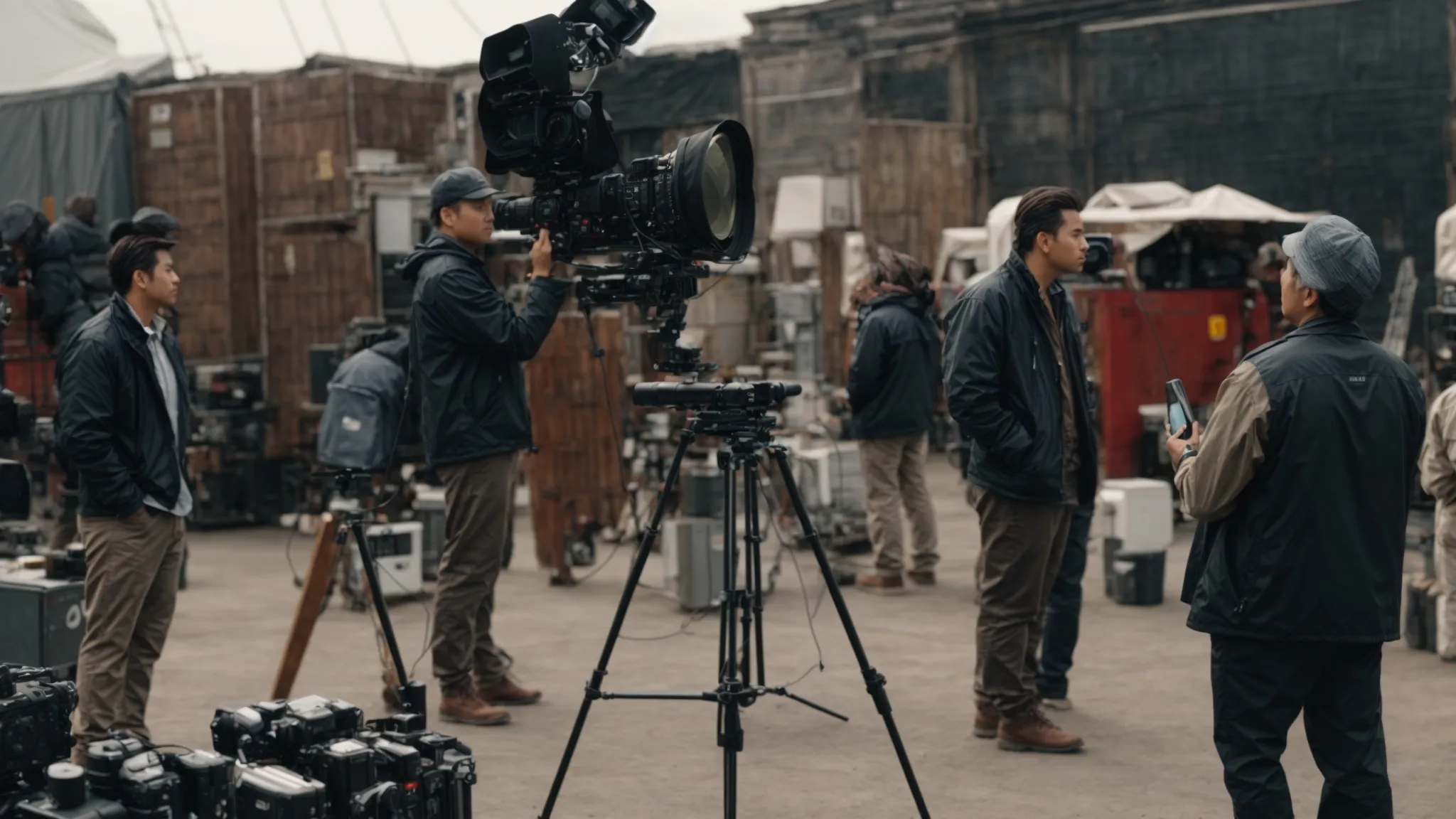 a producer oversees filming equipment and crew on a bustling movie set.