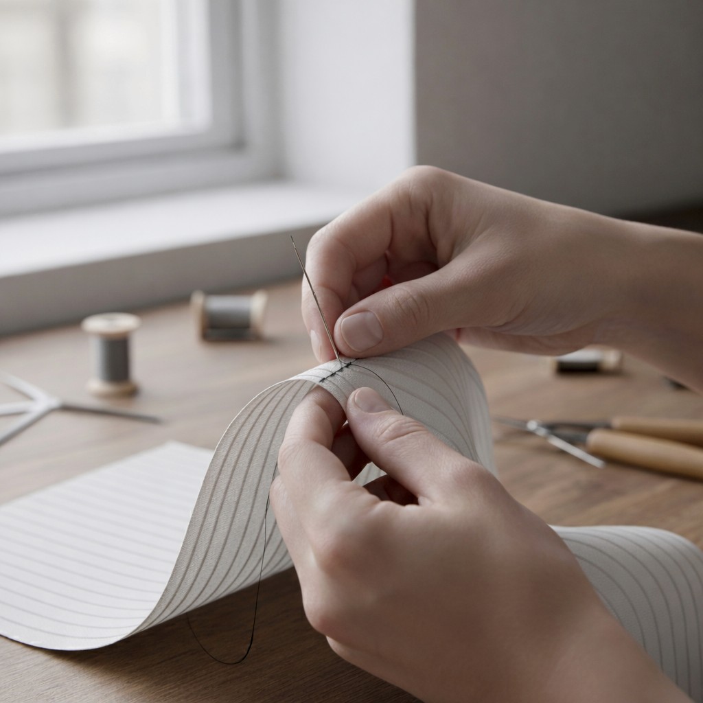 Close-up of hands hand-sewing a piece of white ribbed fabric with a needle and thread. Spools of thread and crafting tools are visible on a wooden workspace near a bright window.