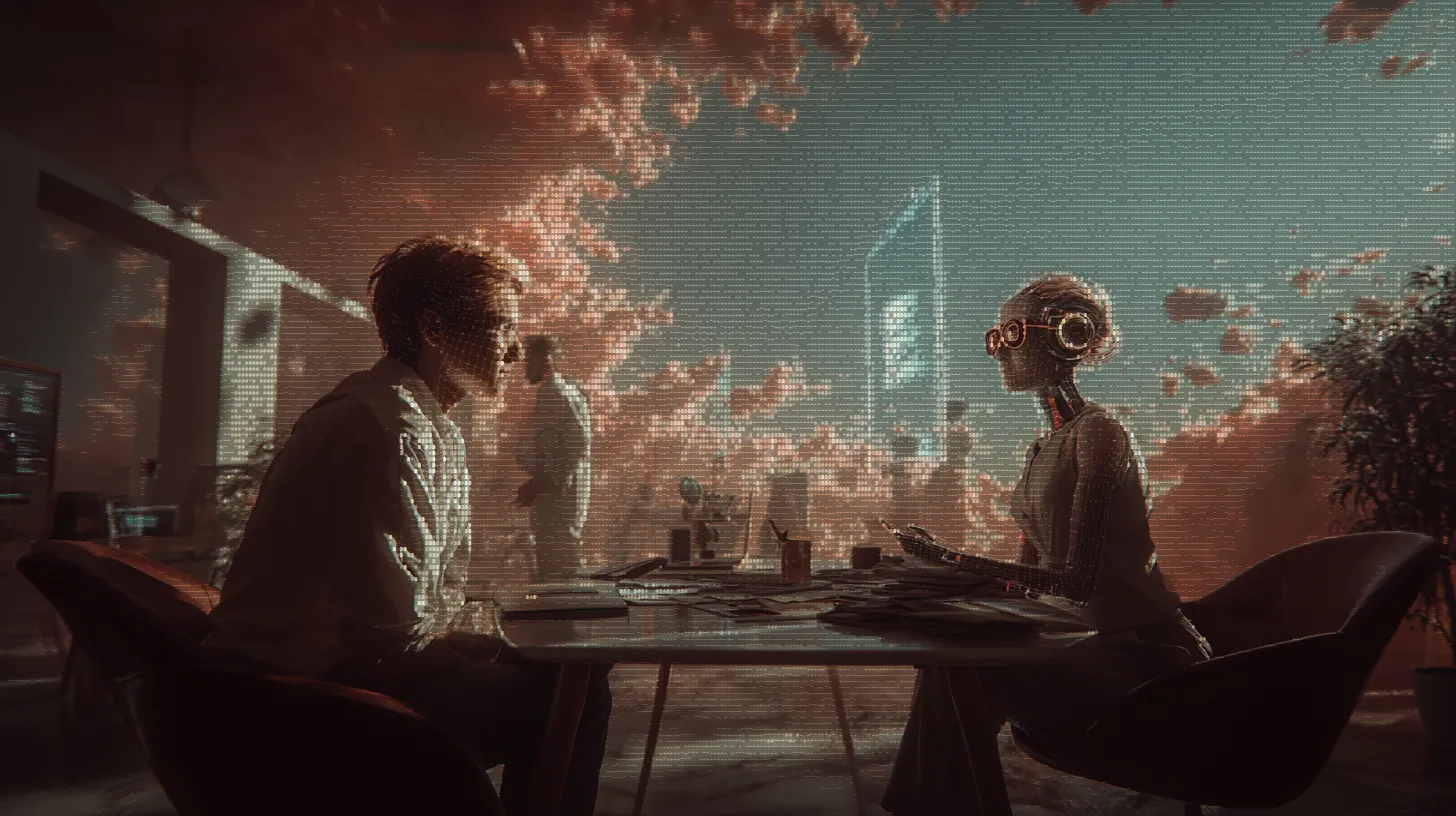 A futuristic concept art image of a robot talking with a human.