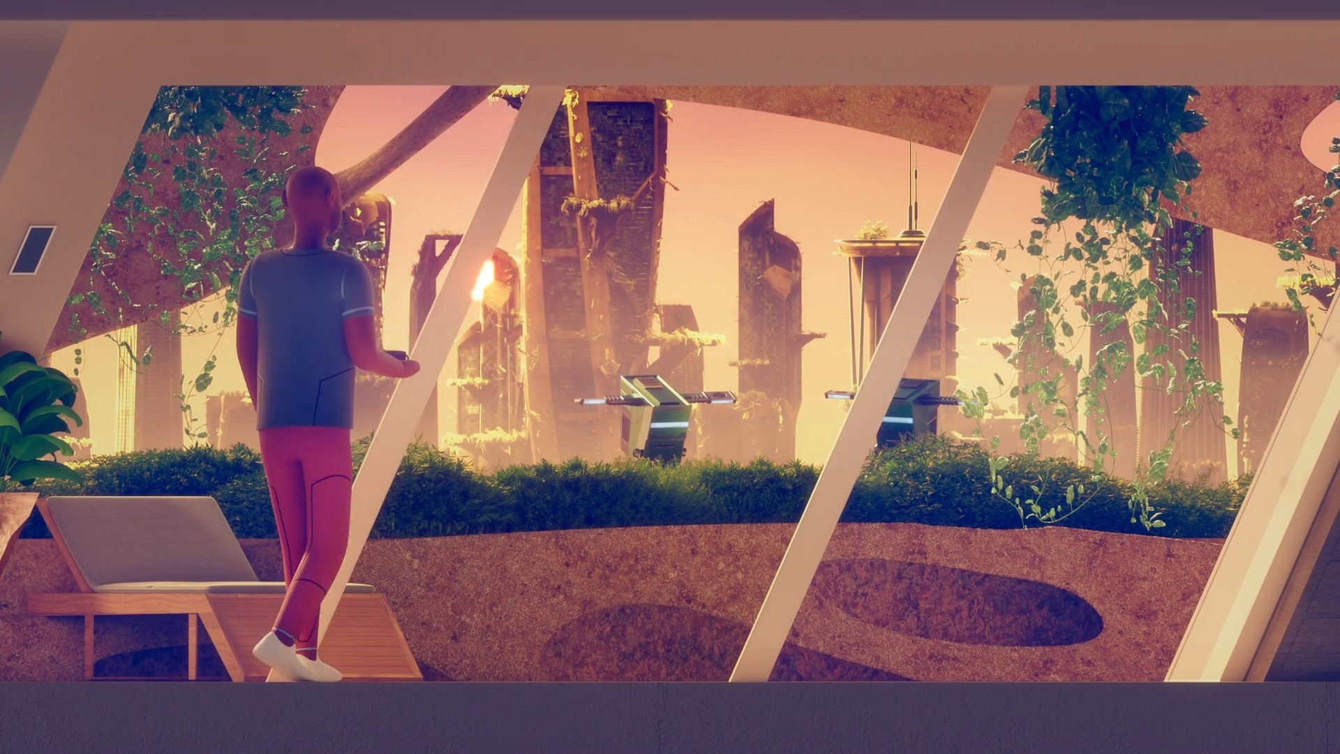 CG Character Looking Outside Their Apartment Windows At Sunrise