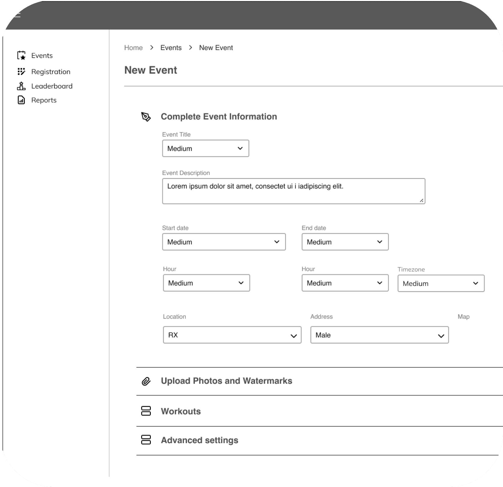 events dashboard prototype