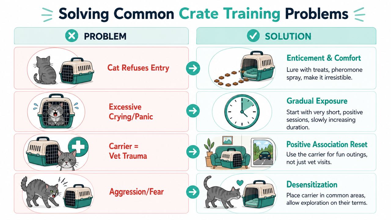 An infographic illustrating common cat crate training problems and effective solutions for a stress-free travel experience.