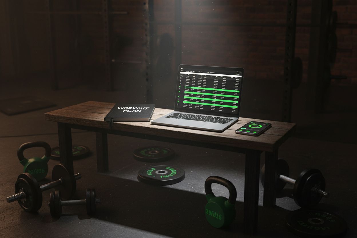 Cuaderno, hoja de cálculo y aplicación de seguimiento de entrenamiento en un banco de gimnasio