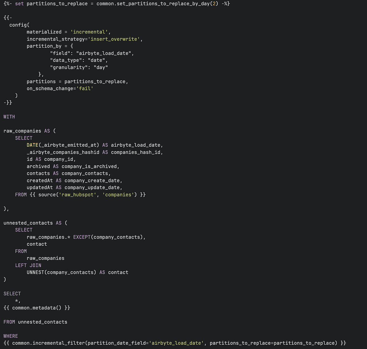 Screenshot of a database query script using SQL language, with code configuring incremental materialization and partitioning by load date. The script includes a WITH clause defining raw company data and a subquery to unnest contacts from these companies, followed by a SELECT statement to extract the data with applied filters based on load date.