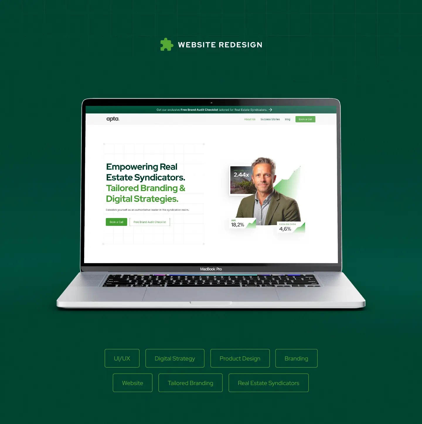Apta 2.0 website redesign for a real estate syndication agency — strategic UI/UX and branding repositioning built to establish market authority and drive lead generation.
