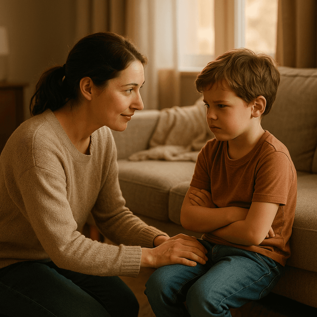  A parent kneeling at eye level with their child, both in a cosy home setting. The parent has a gentle, understanding expression while the child looks upset but engaged