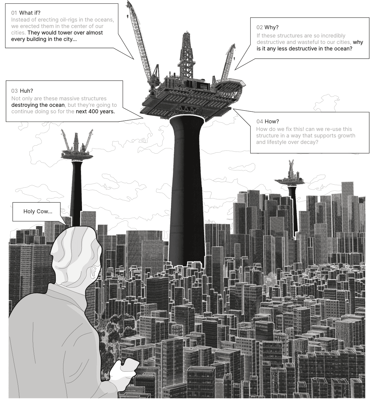 A gravity based oil rig imposed onto a hypothetical city.