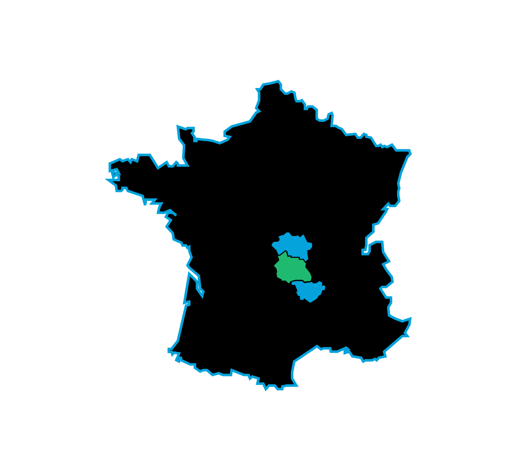 Carte de France avec Auvergne en vert et régions voisines en bleu