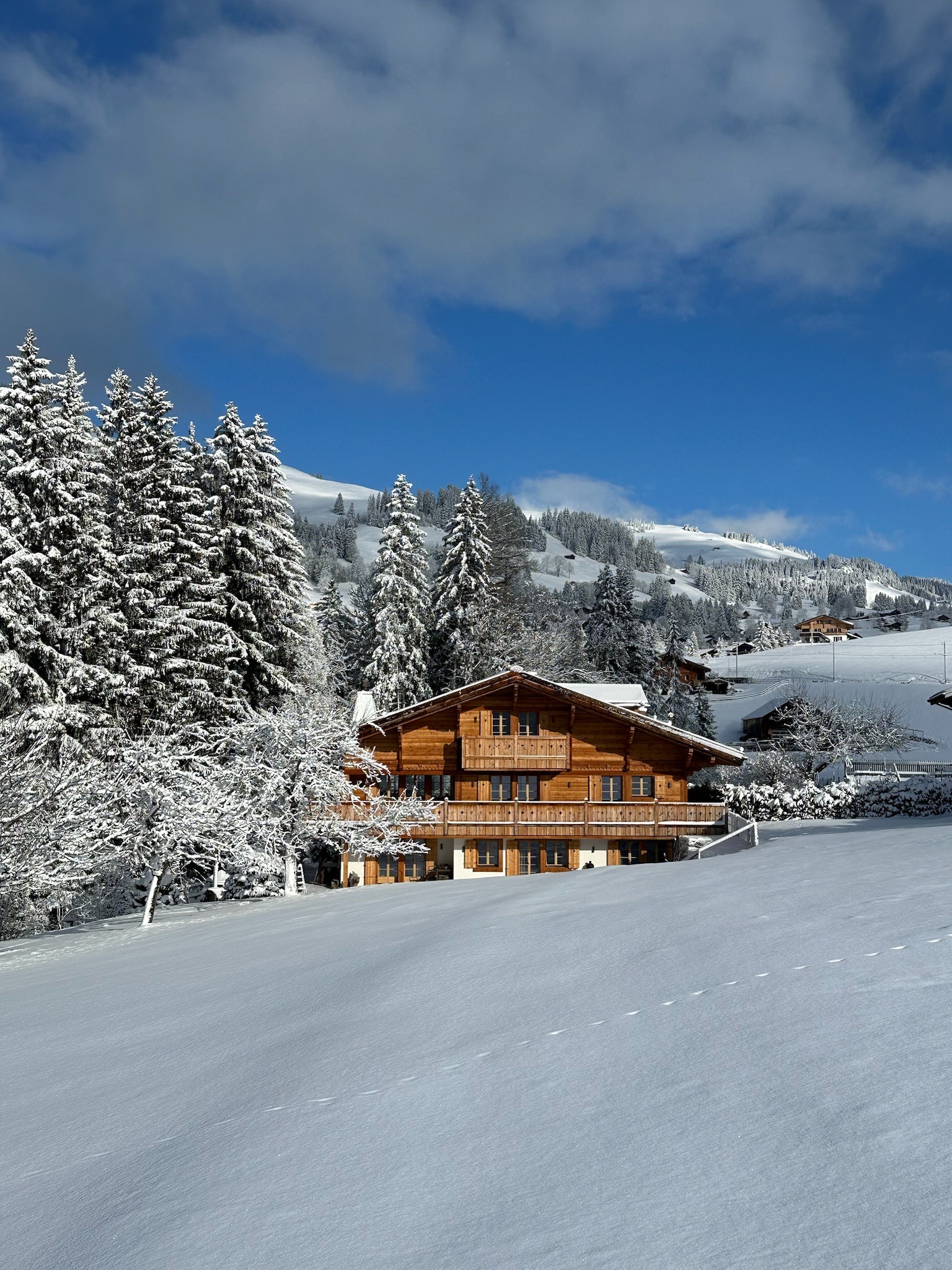 Chalet Gruben on a snow-covered hillside above Gstaad at blue hour