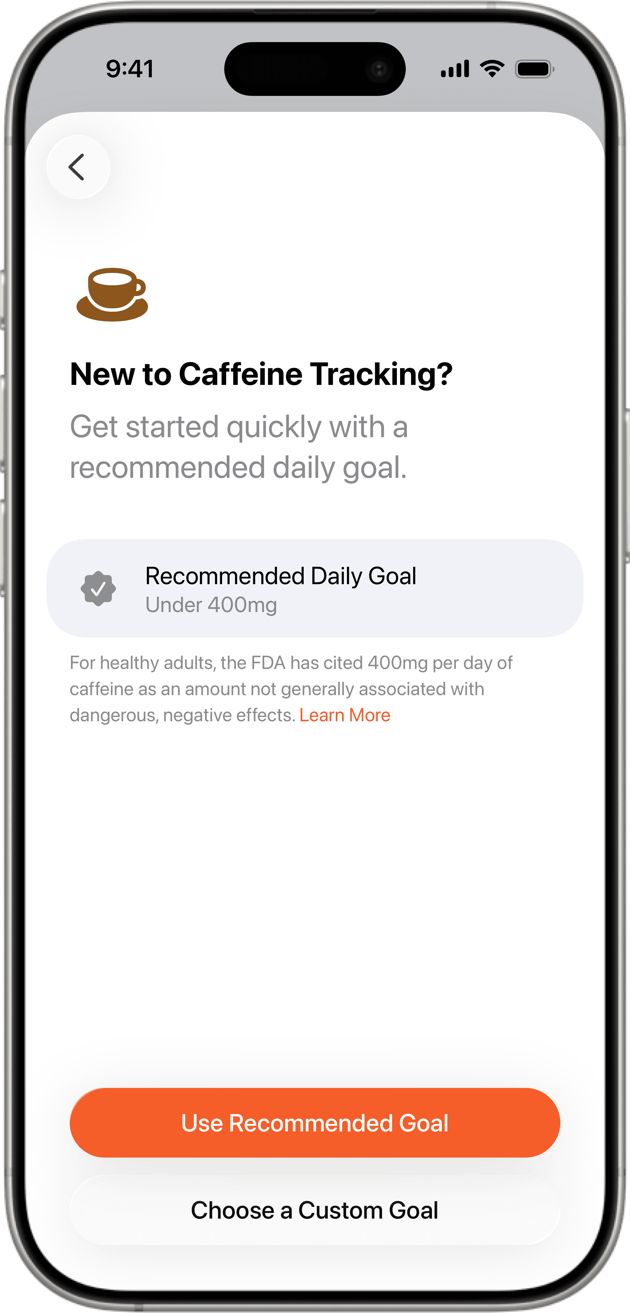 Setting daily caffeine tracking goal in Foodnoms nutrition app with FDA recommended limit