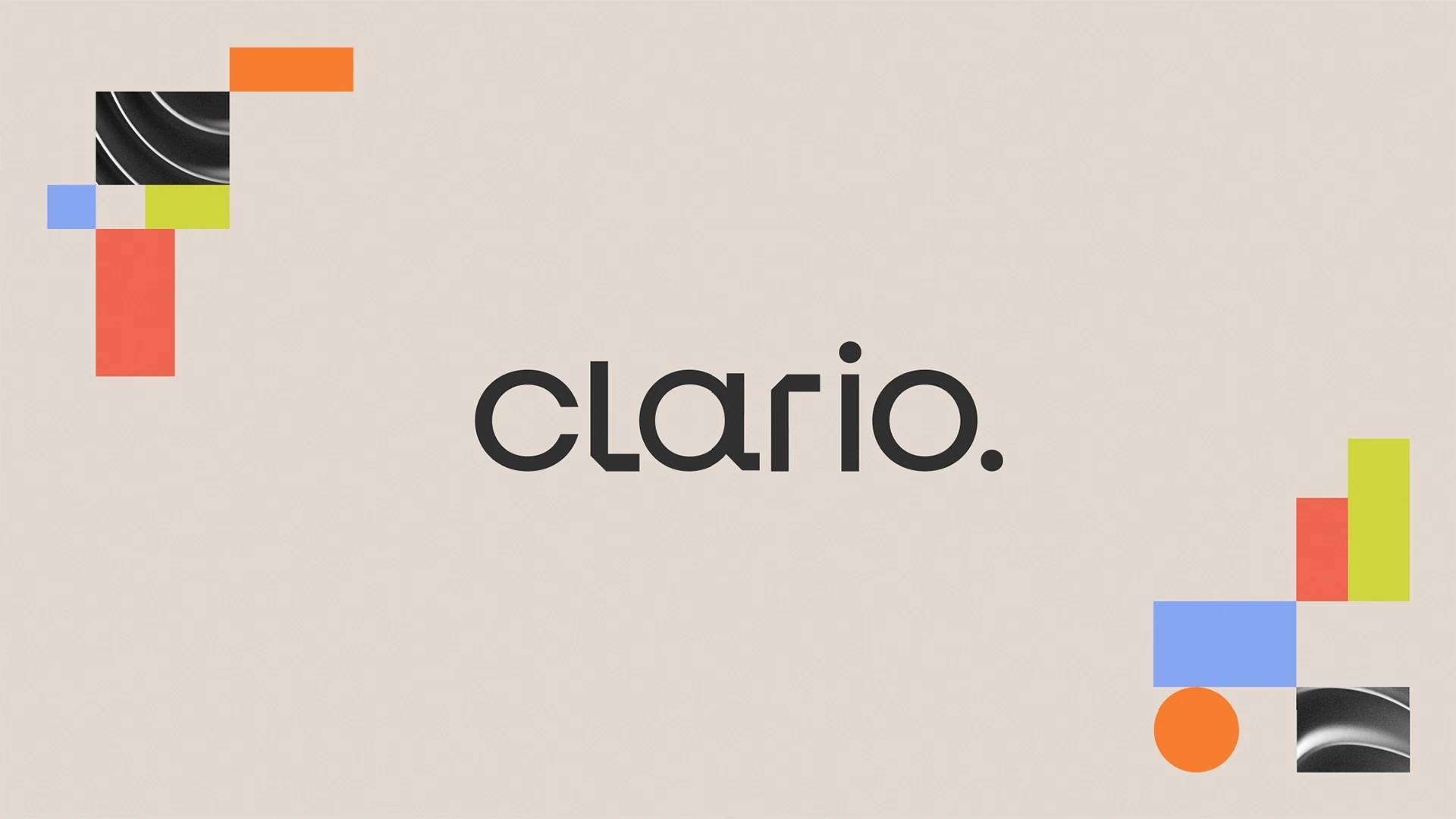 The Clario wordmark centered on a neutral background, framed by citrus, coral, and cornflower geometric brand marks in each corner.