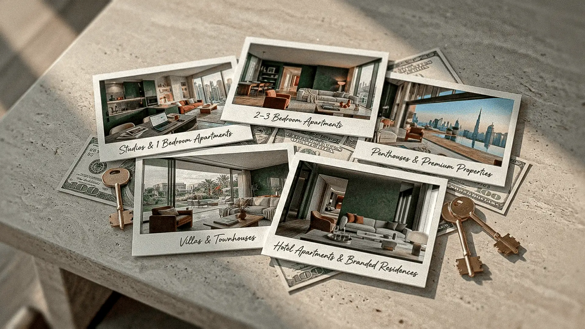 Opciones de inversión inmobiliaria que incluyen estudios, apartamentos, villas y propiedades premium.