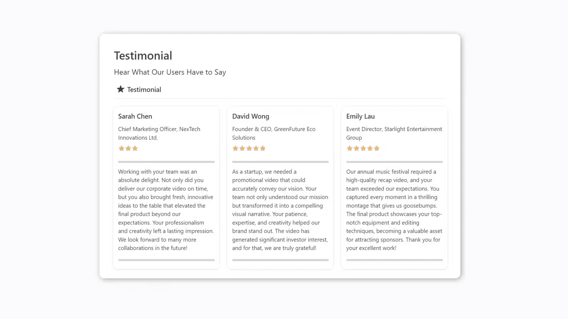 Image of testimonials section in Notion Portfolio Website template