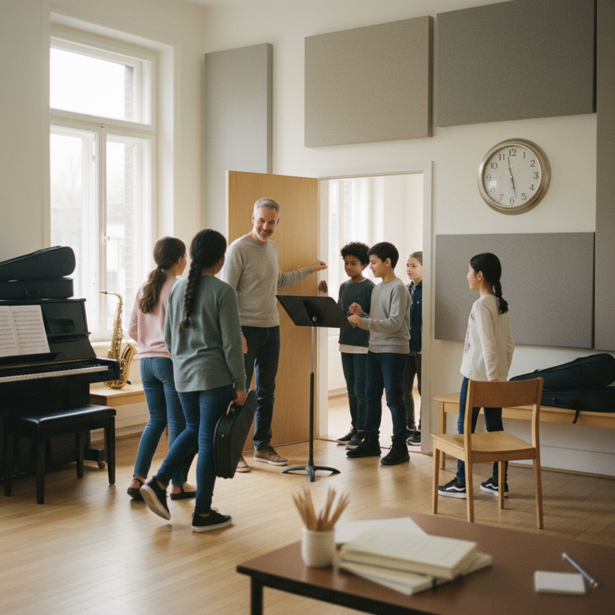 Zwischen zwei Unterrichtsblöcken verabschiedet ein Dozent eine Gruppe, während die nächste bereits anklopft. Notenständer werden zügig neu sortiert, frische Hefte liegen bereit. Die Pufferzeit sorgt für ruhigen Wechsel, niemand wirkt gehetzt. Gleichmäßiges Licht und ordentliche Abläufe prägen die Szene.