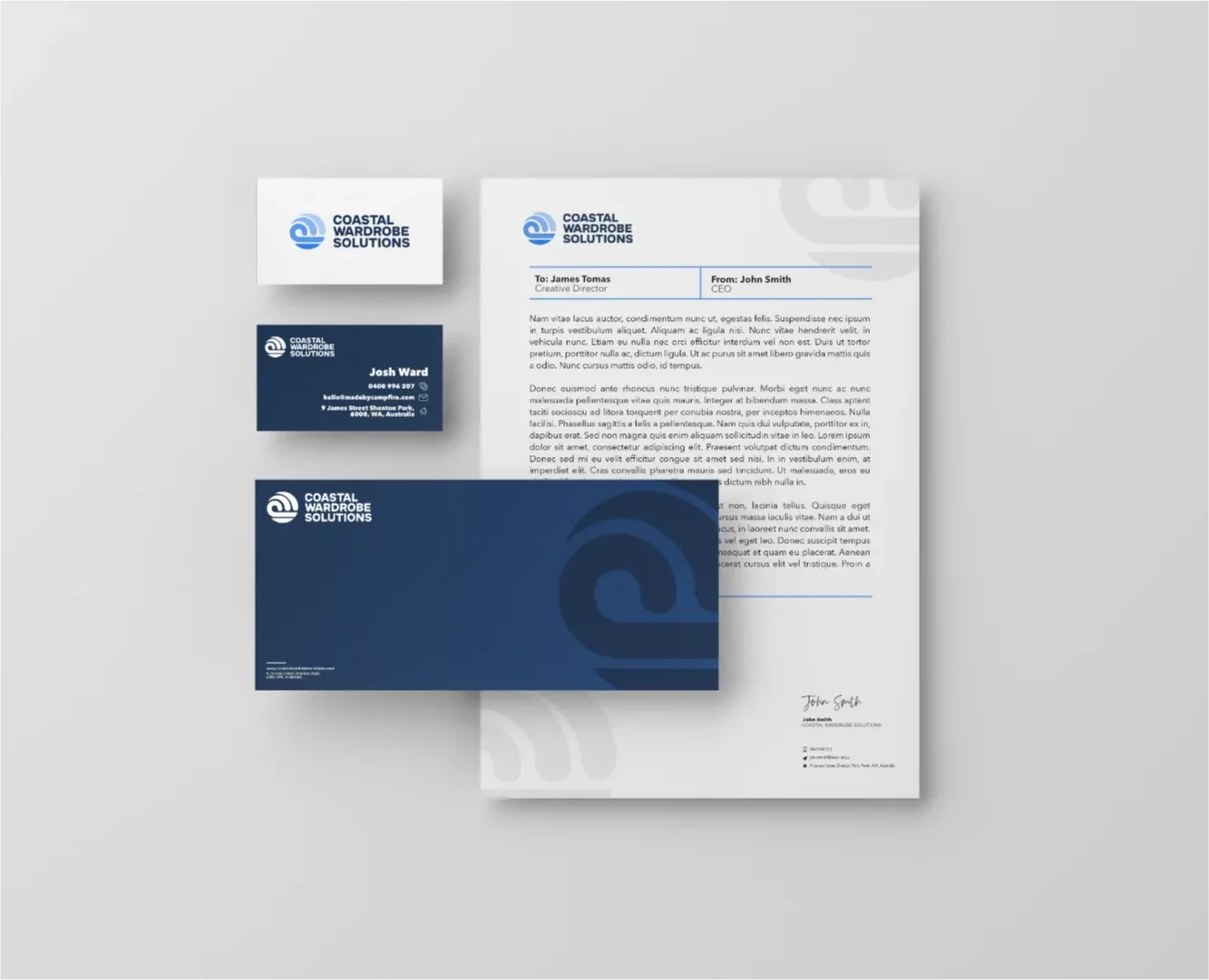 Custom corporate stationery suite for Coastal Wardrobe Solutions by Made by Campfire, featuring minimalist business cards and branded letterheads for the home improvement industry.