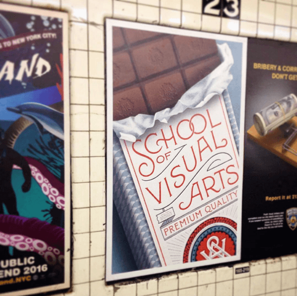 A photo of several posters, one of them having an unwrapped chocolate bar and the text School Of Visual Arts Premium Quality. SVA NYC Logo.