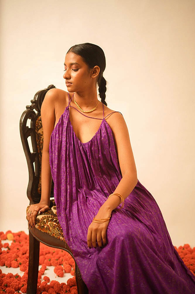 Deep V backless dori dress handcrafted from a vintage silk sari, featuring an adjustable tie-back and free-flowing silhouette