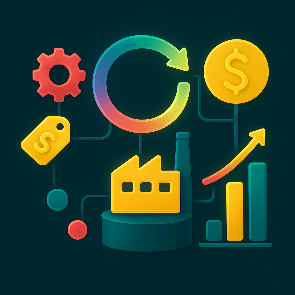 Gears and currency icon over a chart, illustrating mix-level cost analysis for building materials and ready mix