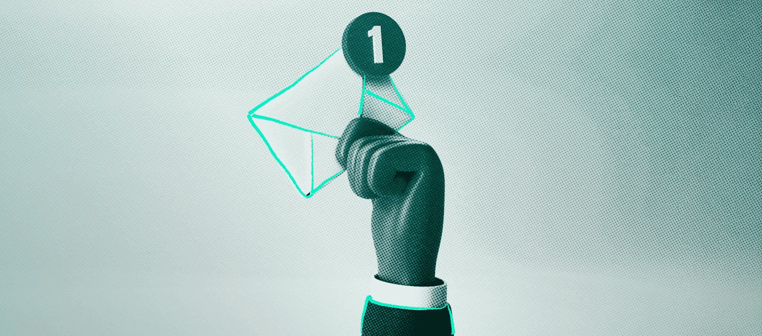 Illustration of a robotic arm holding an email icon, representing AI-driven filtering in intelligent inboxes.