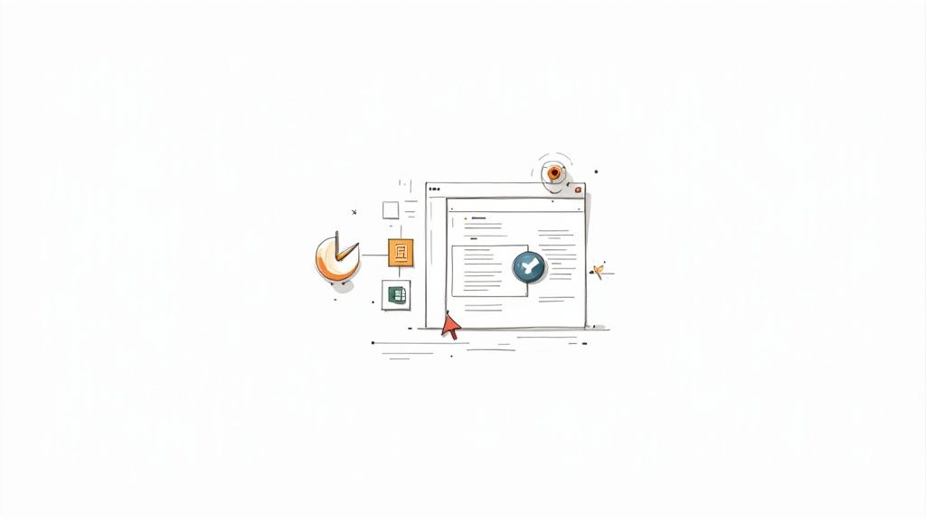 A stylized illustration showing a document in an application window with data processing icons and a cursor.