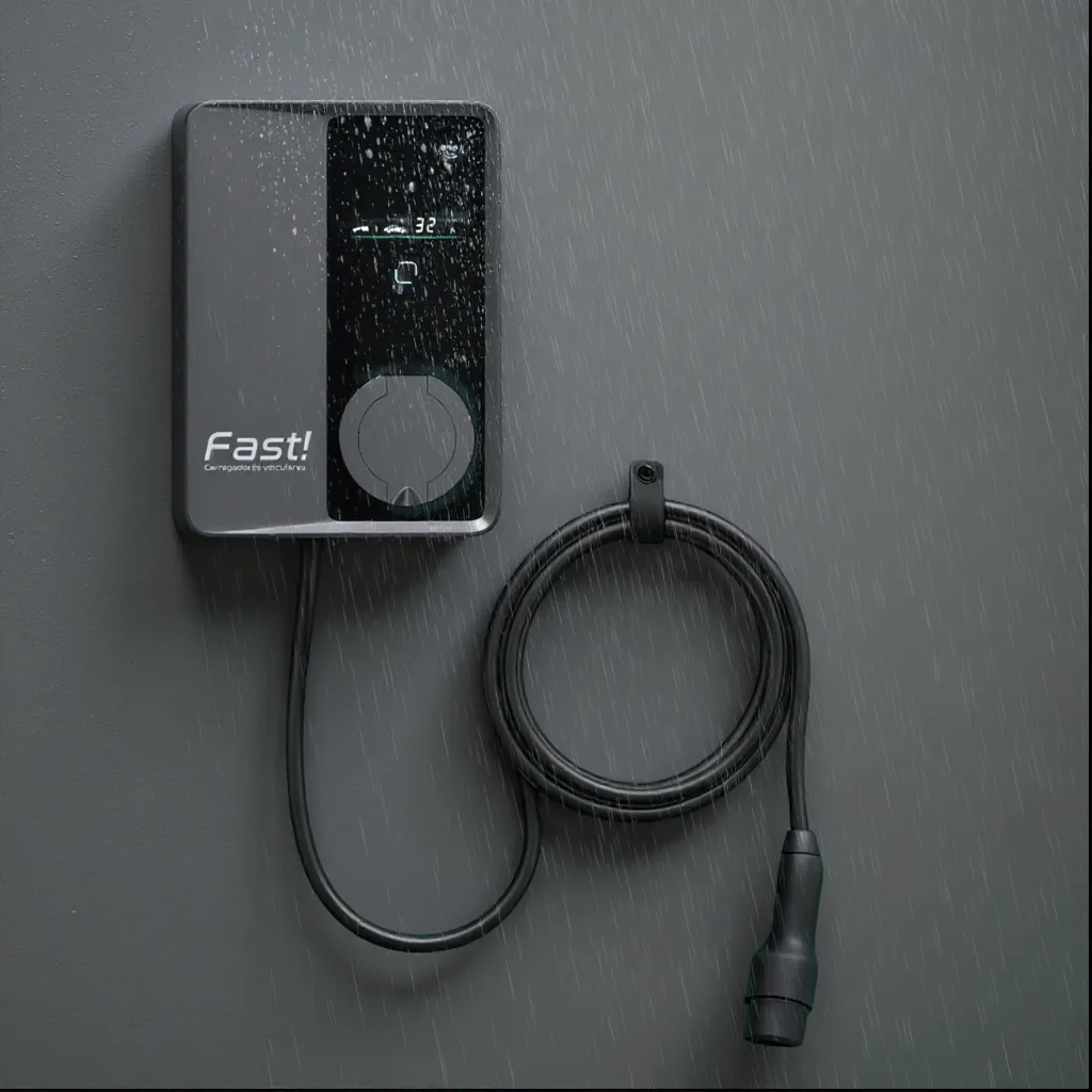 Carregador wallbox Fast! instalado em parede externa, com o cabo Tipo 2 enrolado ao lado