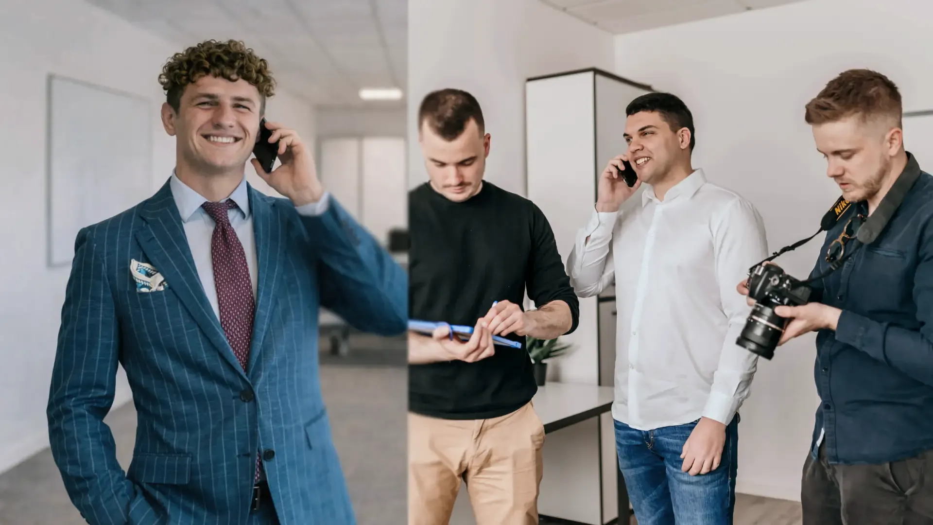 Minimalist facade with red window and striped awning on a white stucco wall under a clear blue sky.