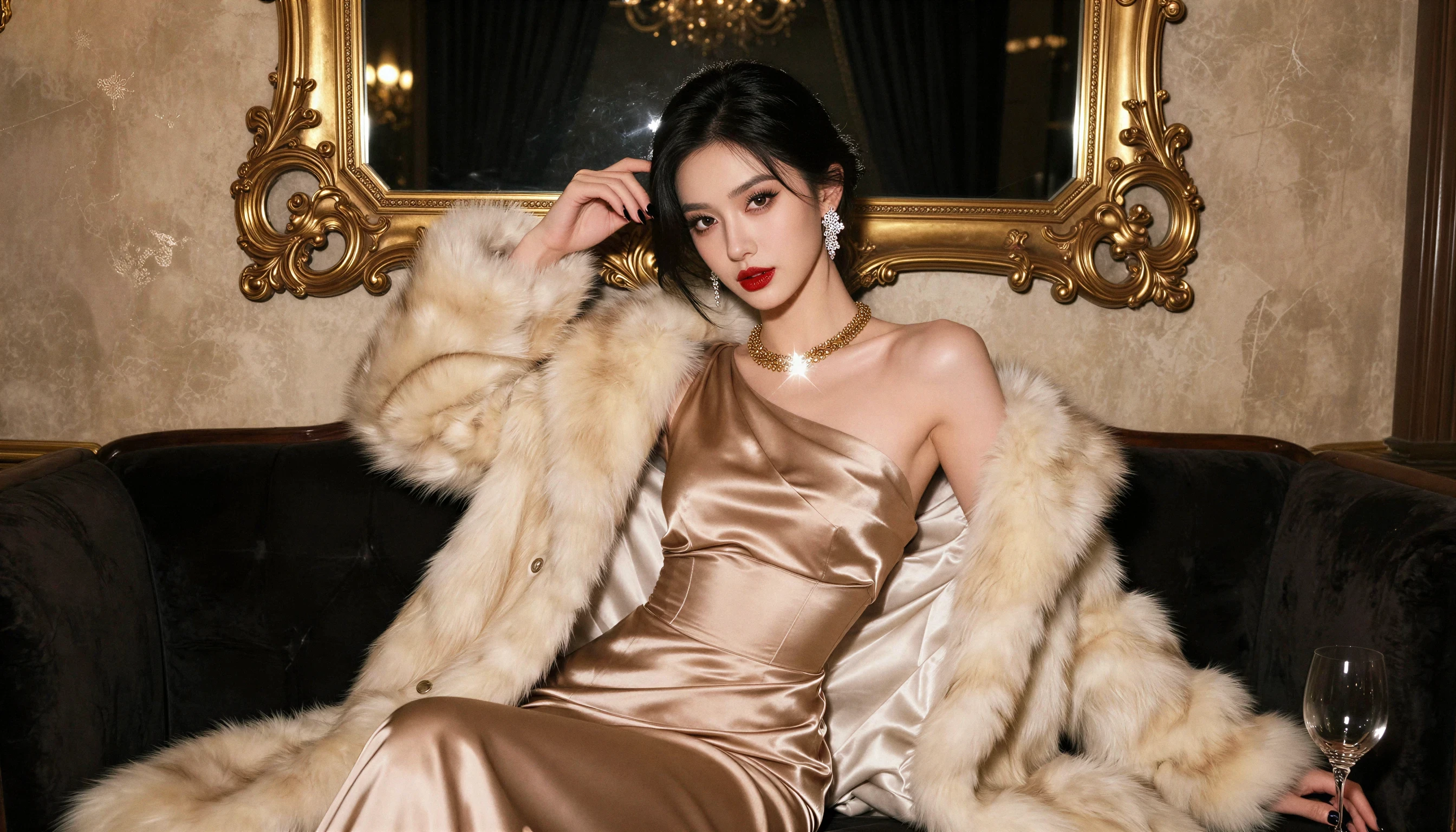 Woman in a champagne satin gown and fur coat seated on a dark sofa.