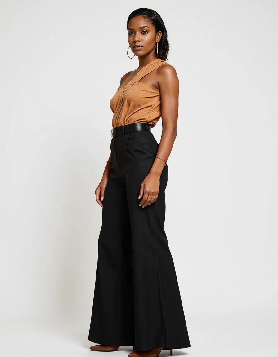 Fashion portrait featuring elegant camel one-shoulder top paired with high-waisted black wide-leg trousers against clean white background