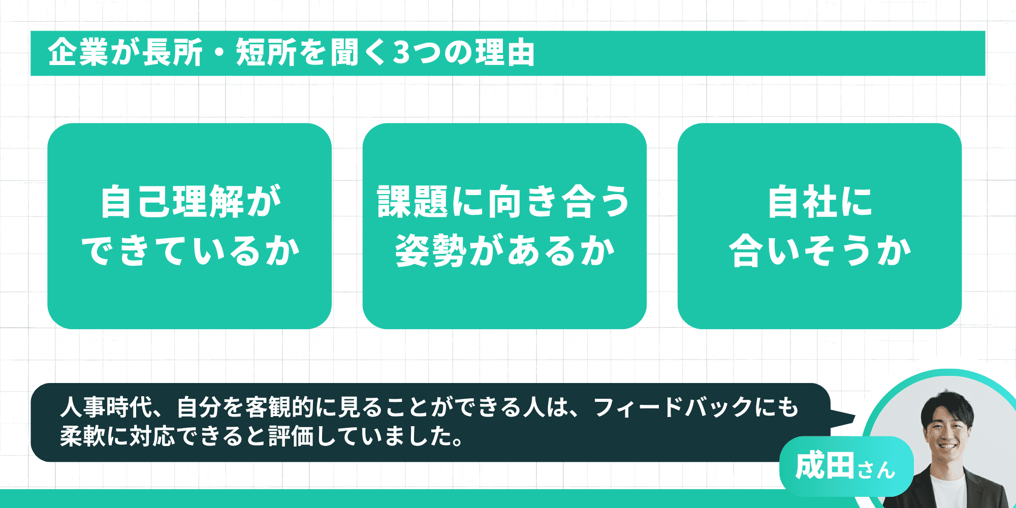 企業が長所・短所を聞く3つの理由（自己理解ができているか・課題に向き合う姿勢があるか・自社に合いそうか）＋成田さんコメント