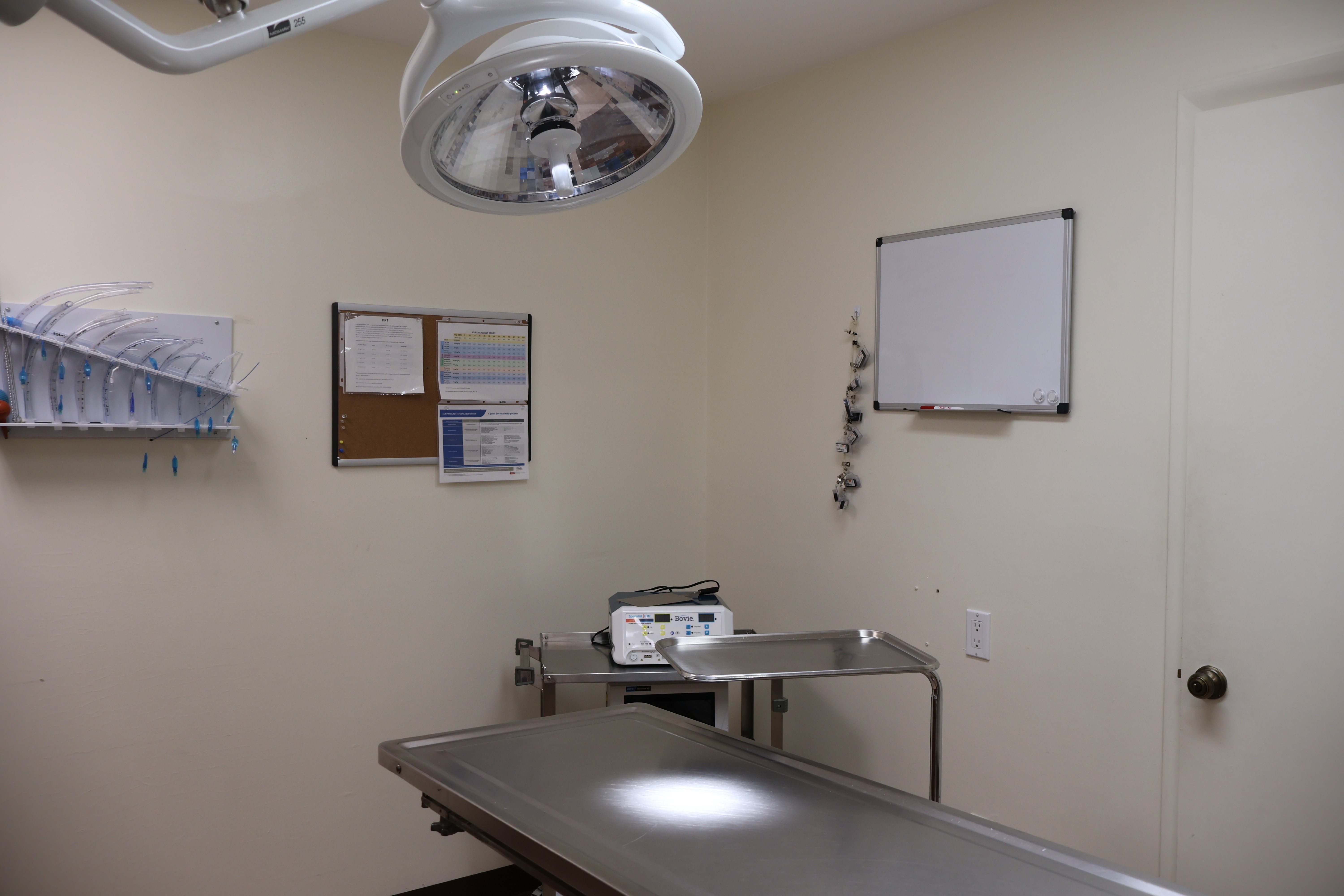 surgery room with surgery table, surgery light, and et tubes on the wall