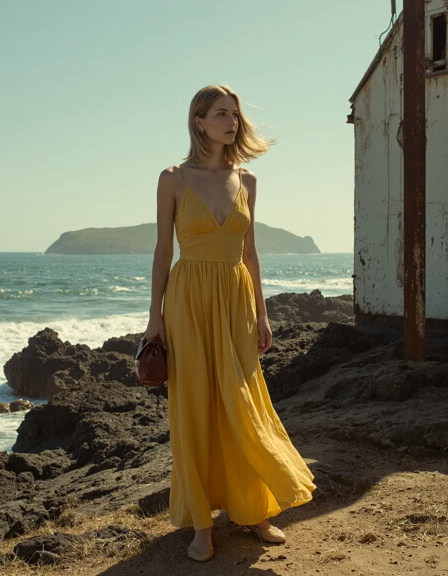 Person in flowing yellow maxi dress standing on rocky beach shoreline with turquoise water and distant island, golden hour lighting