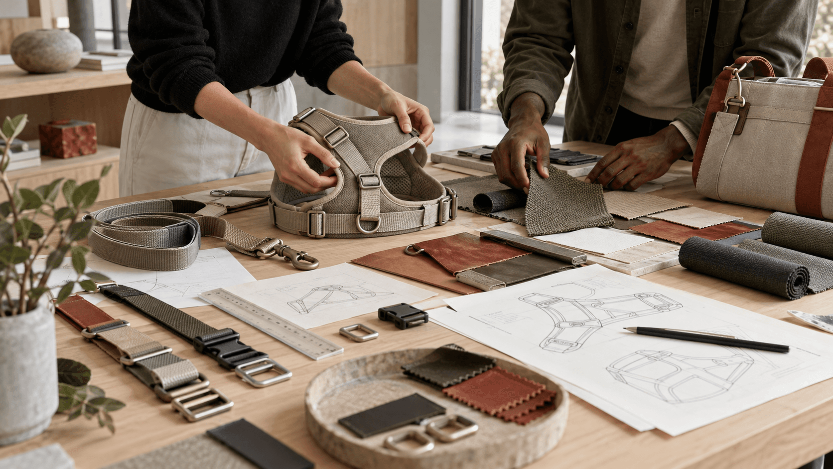 Designers developing pet product prototypes with materials and hardware