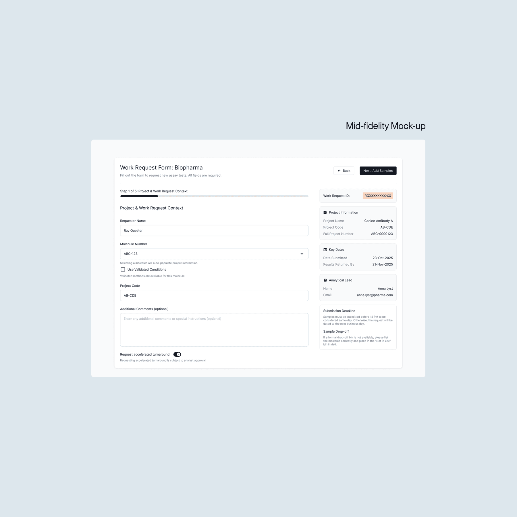 Mid-fidelity mock-up of the Scientist Work Request Portal