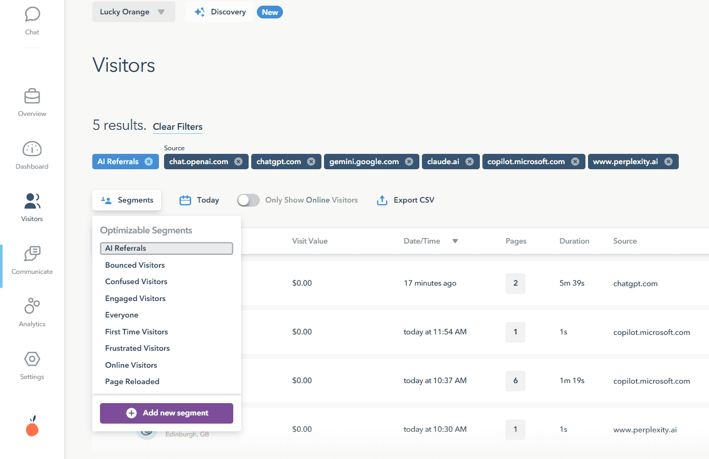 Lucky Orange AI Referrals Optimizable Segment