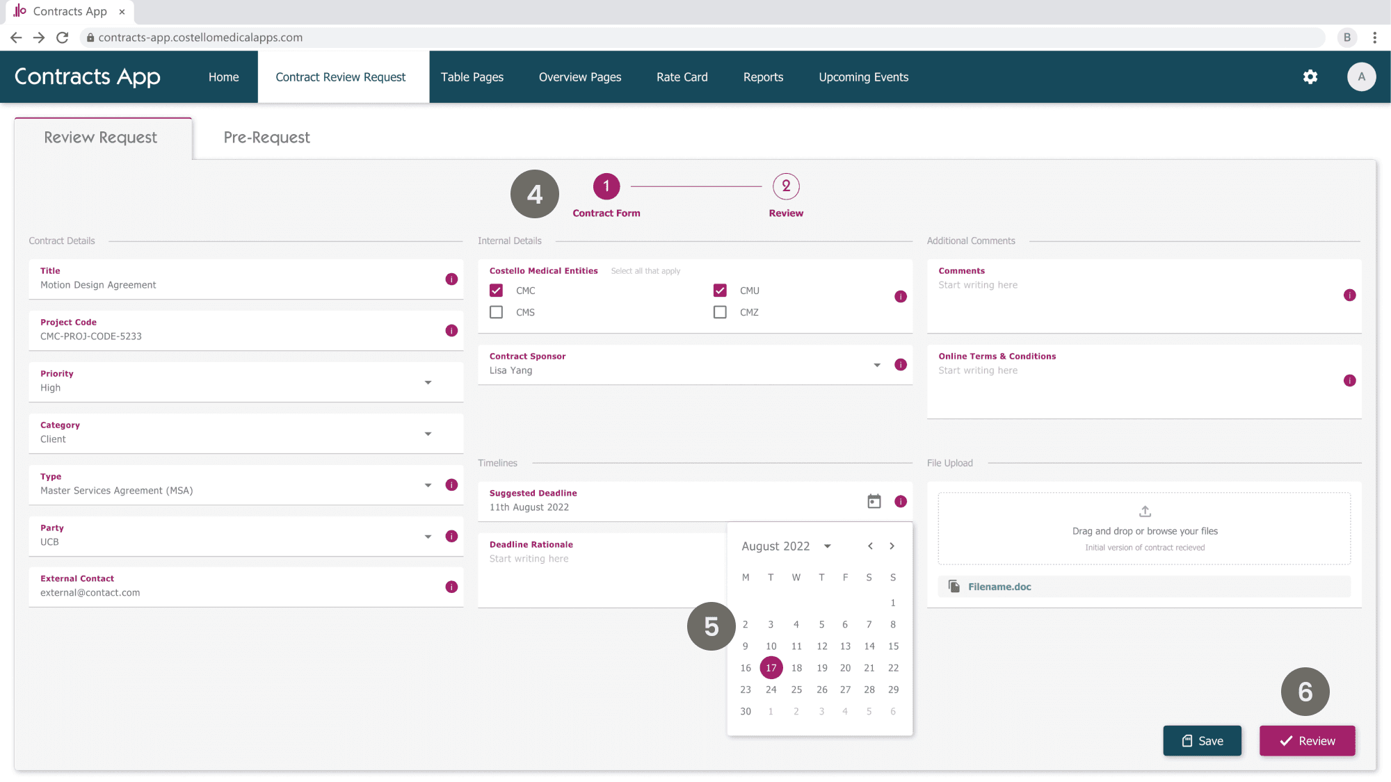 Contract management app Contract Review Request screen, featuring a page made up of a range inputs