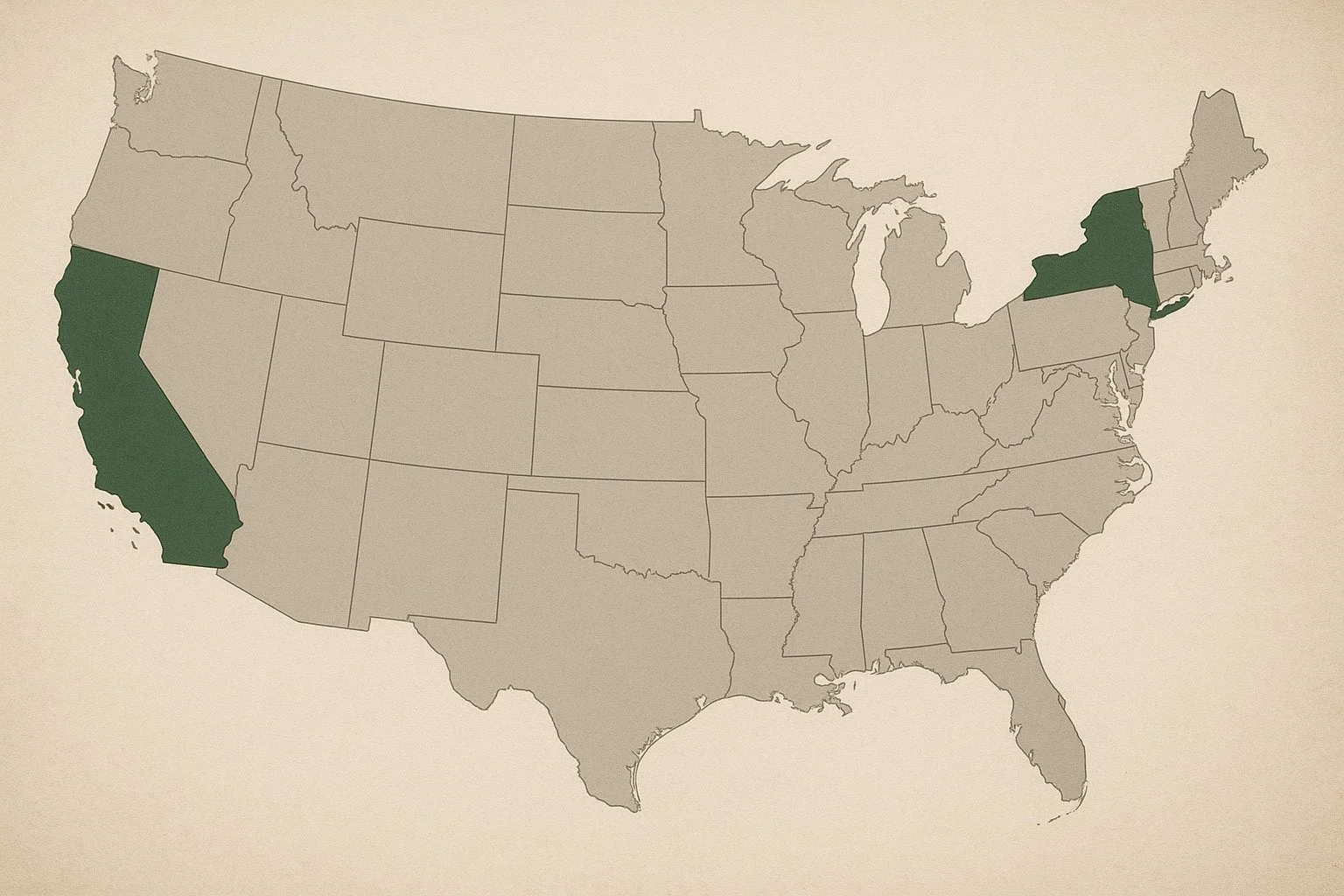 Map of the United States with states like California, New York, and Delaware highlighted to show where Operating Agreements are legally required.