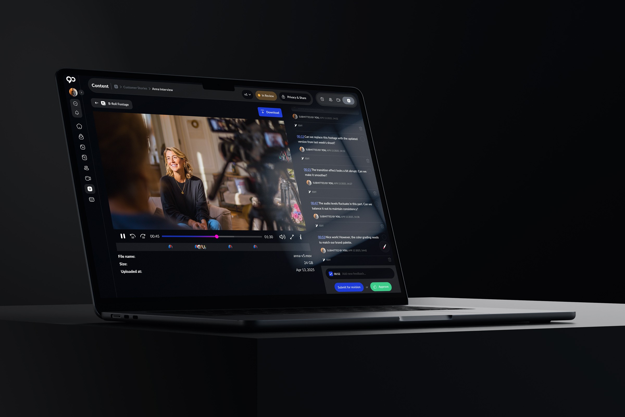 Laptop screen displaying a video. The screen shows a person talking, and the recording equipment.