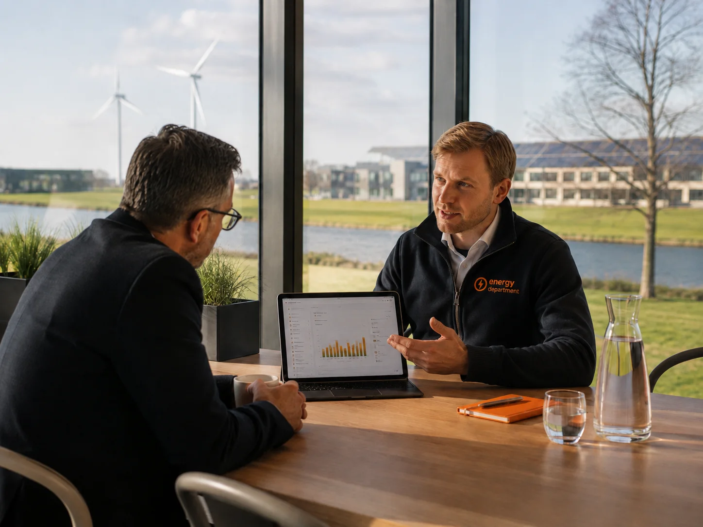 Adviseur van Energy Department neemt met een ondernemer het energieverbruik en de rapportageplicht door